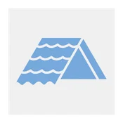 A blue graphic icon depicting a gabled roof with protective shingles for a business in Tustin.