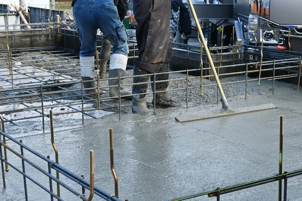Construction workers leveling wet concrete over a steel rebar grid for a new foundation in Tustin.